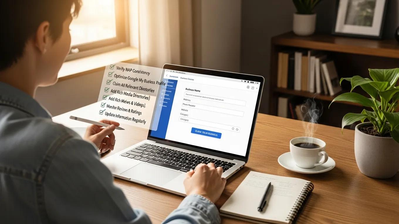 Person reviewing business information on a laptop, highlighting best practices for implementing business citations