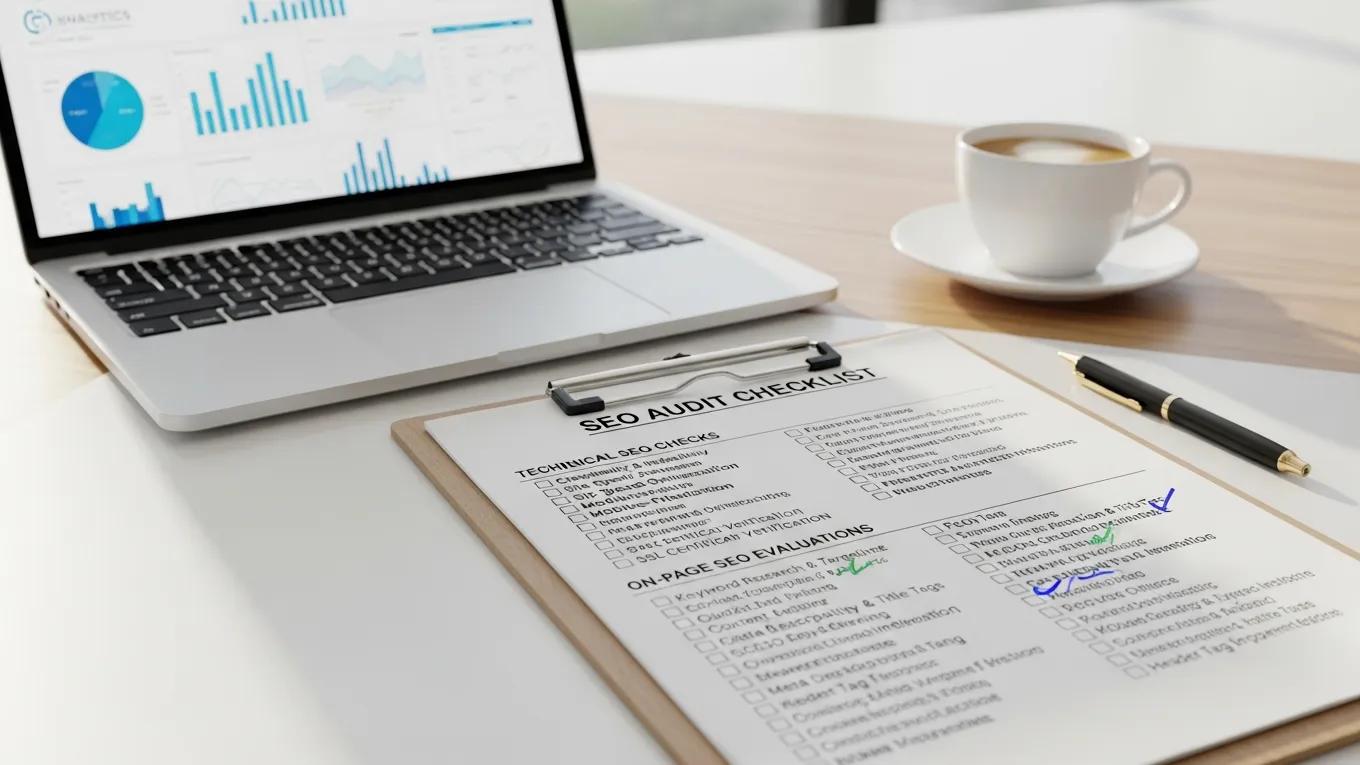 SEO audit checklist on a clipboard with a laptop and coffee on a desk