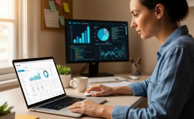 Small business owner analyzing SEO data on a laptop in a cozy workspace