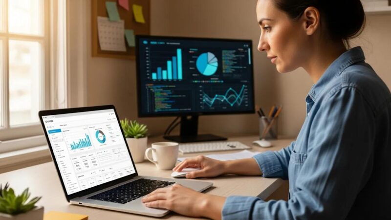 Small business owner analyzing SEO data on a laptop in a cozy workspace