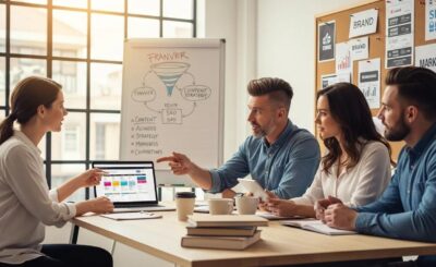 Small business owner collaborating with a digital marketing agency team
