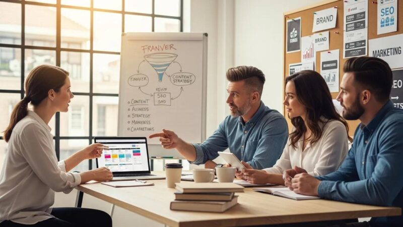 Small business owner collaborating with a digital marketing agency team