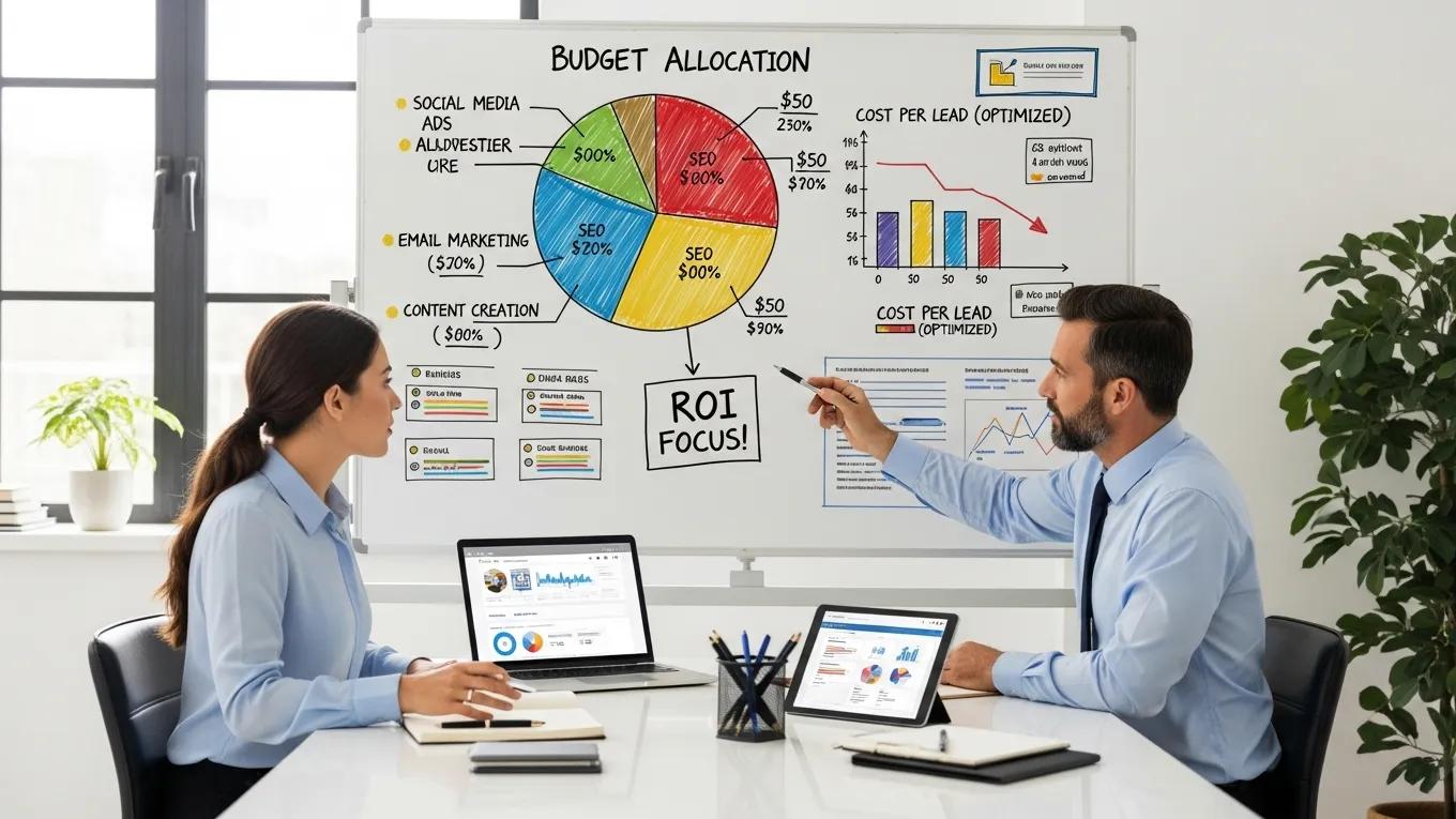 Small business owner discussing cost-effective marketing strategies with a consultant