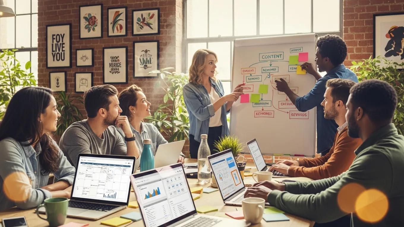 Team brainstorming content marketing strategies in a creative workspace