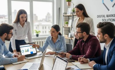 Team of professionals collaborating on SEO strategies in a modern office