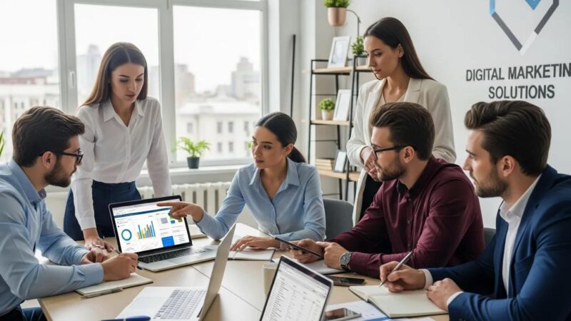 Team of professionals collaborating on SEO strategies in a modern office