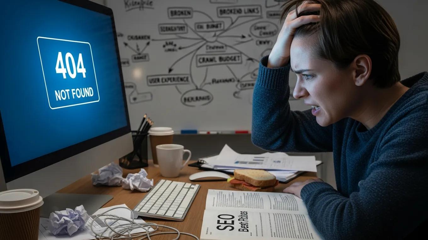 User frustrated by a 404 error message on a computer screen
