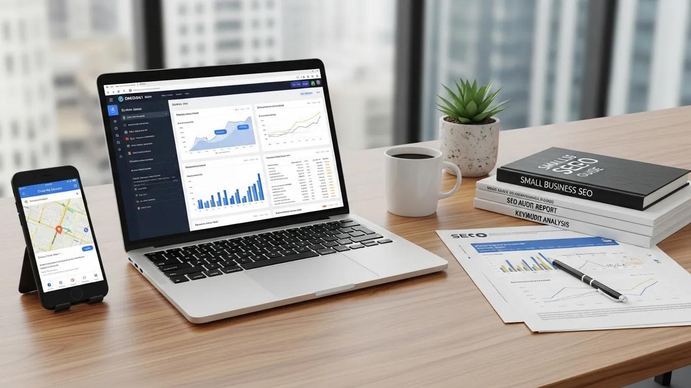 Workspace with SEO audit tools including laptop and smartphone